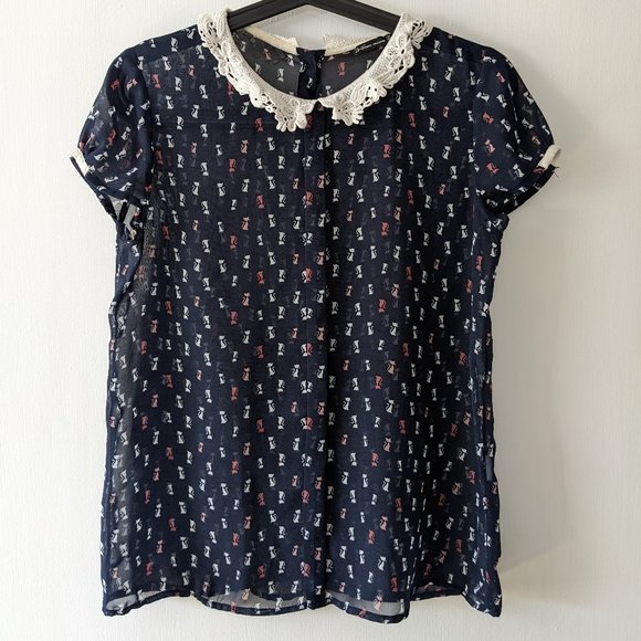 Zara Tops - Zara navy blue cat print sheer sleeveless blouse size S